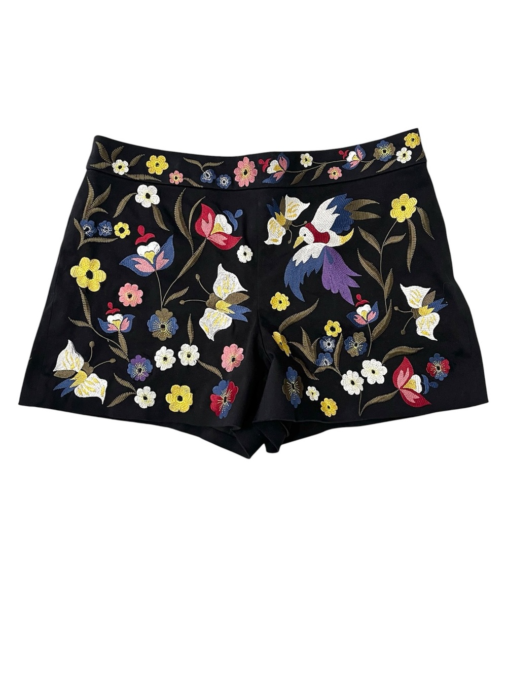 Alice + Olivia Embroidered Floral Bird Shorts Black High Rise Size 6
